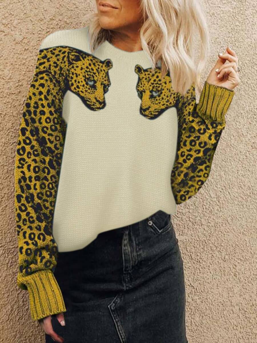 

Lovely Leopard Patchwork Beige Sweater
