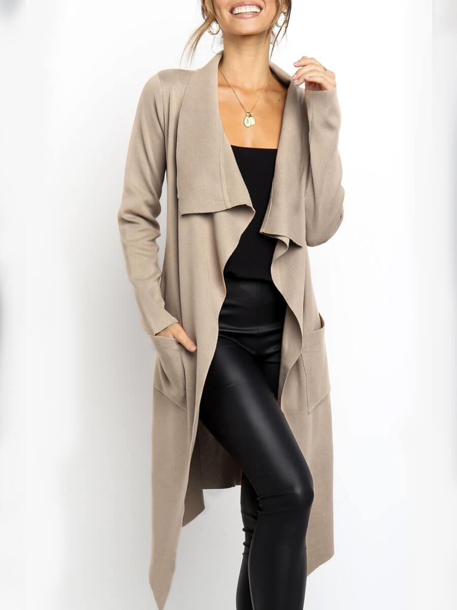 

Lovely Casual Pocket Design Lapel Long Khaki Cardigan