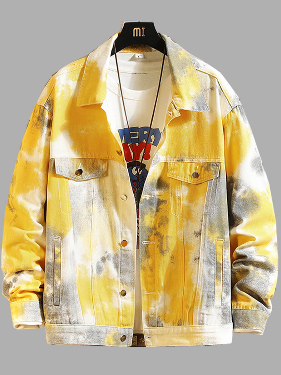 

Lovely Street Turndown Collar Tie-dye Yellow Men Denim Jacket