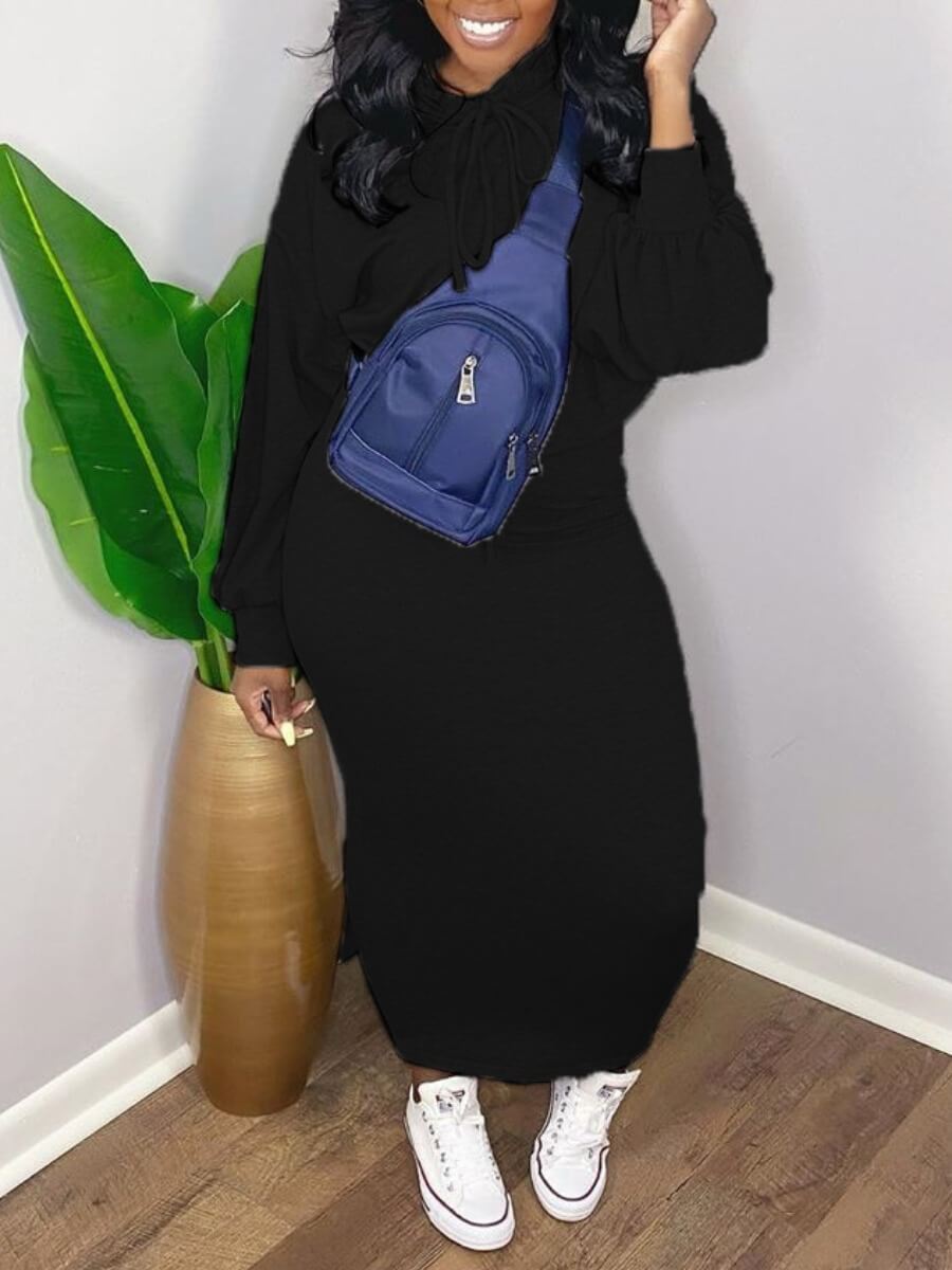 

Lovely Casual Hooded Collar Dropped Shoulder Black Two Piece Skirt Set