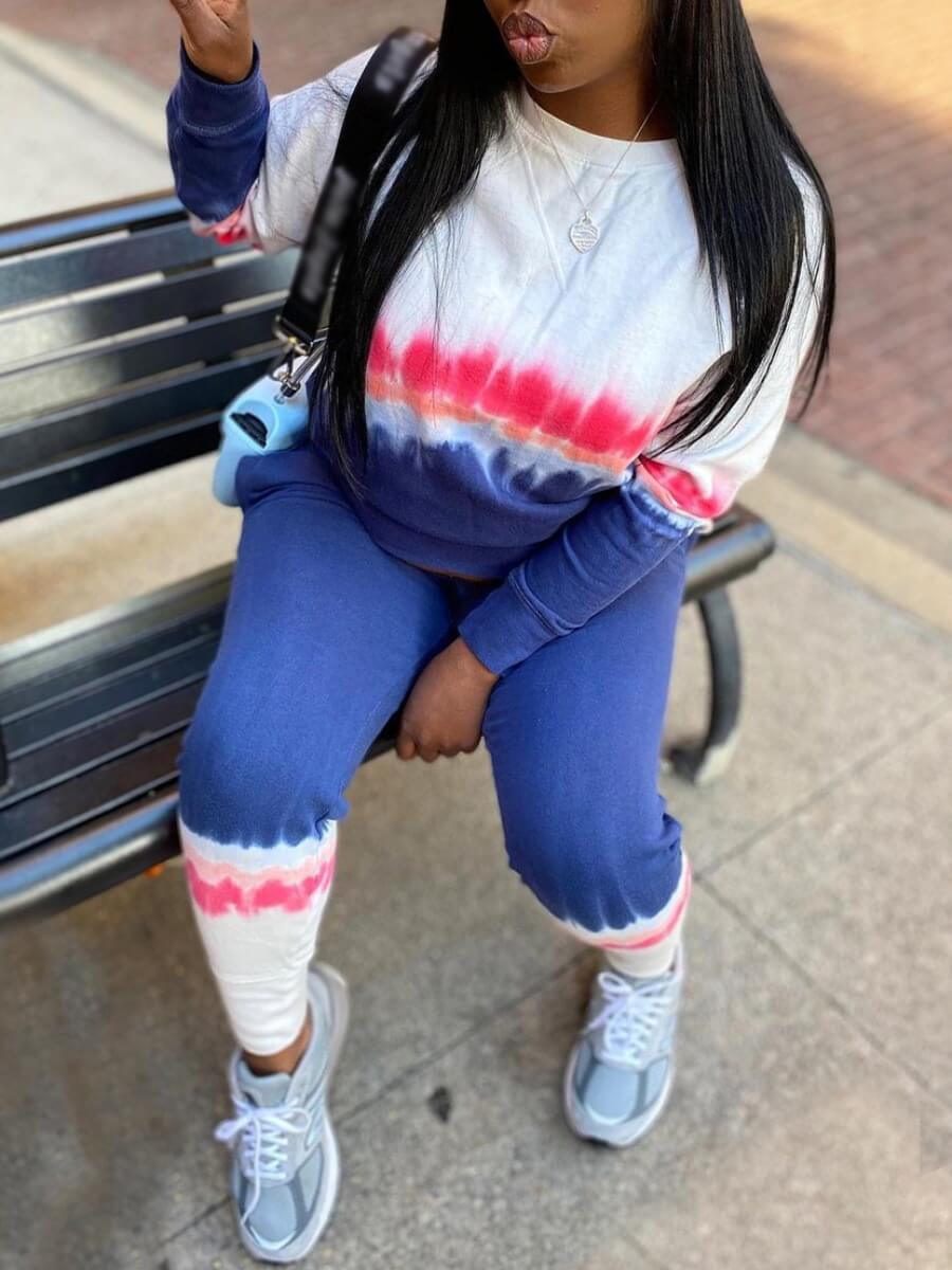 

Lovely Casual O Neck Tie Dye Blue Two Piece Pants Set