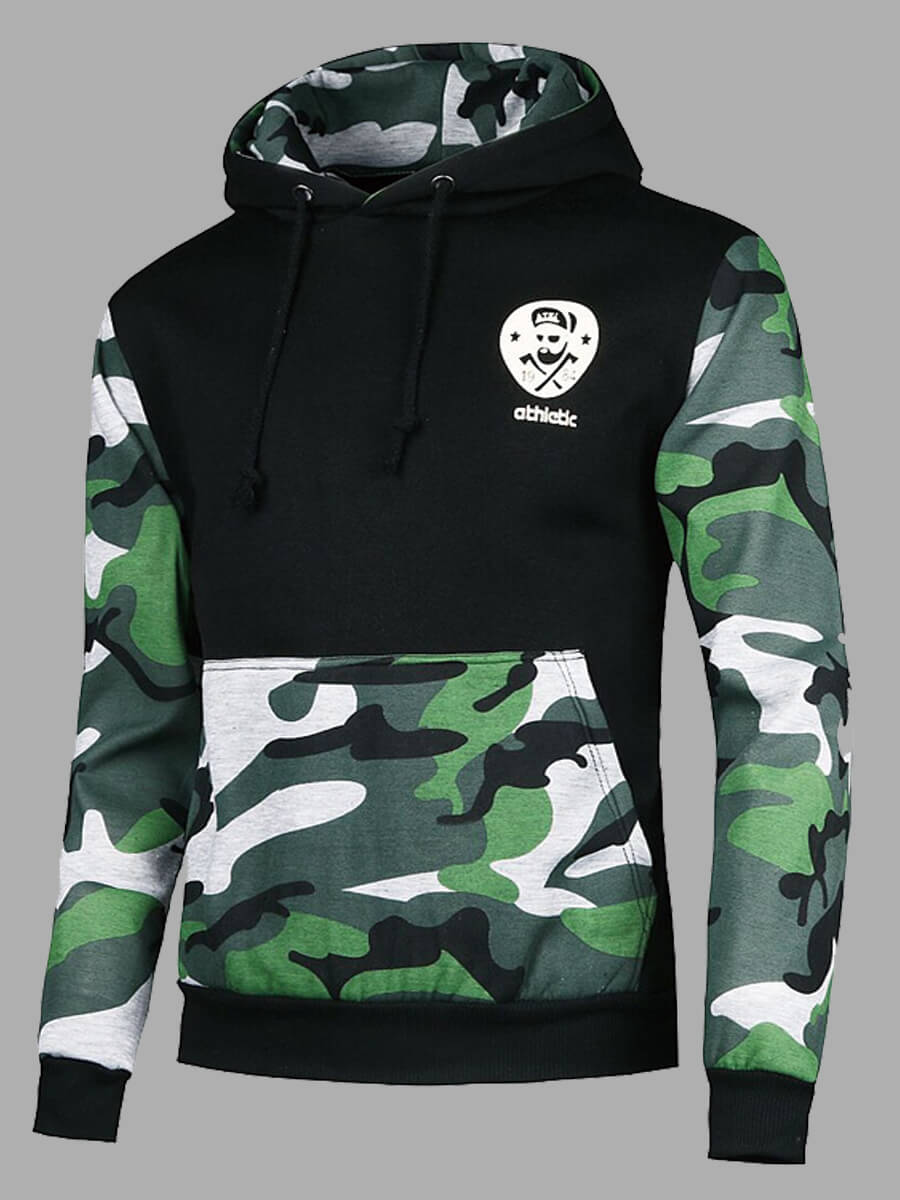 

Lovely Casual Hooded Collar Camo Print Patchwork Black Men Hoodie