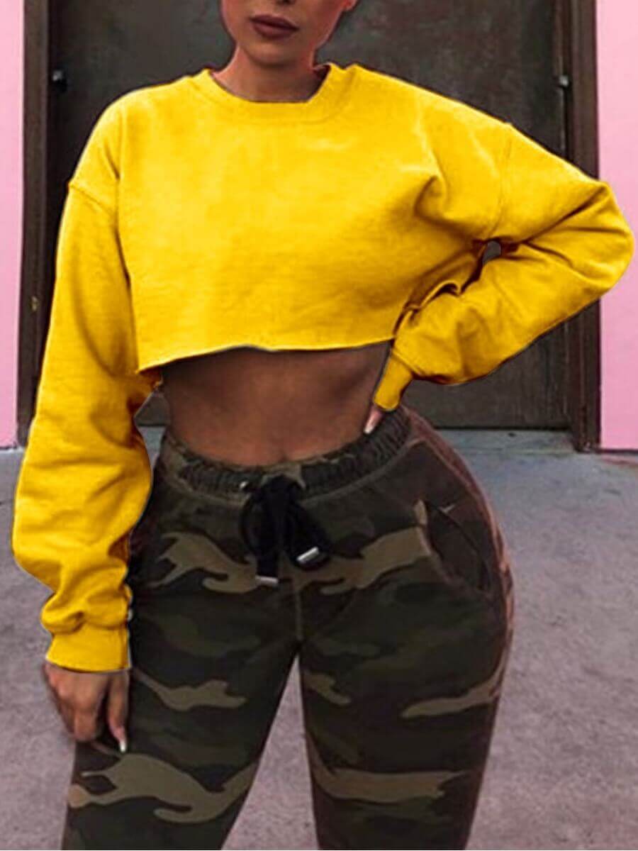 

Lovely Casual O Neck Crop Top Yellow Hoodie