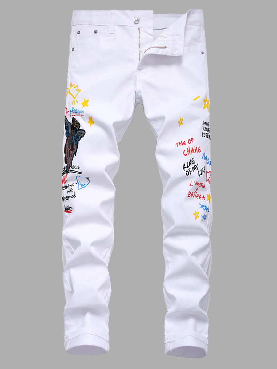 

Lovely Trendy Letter Print White Men Jeans