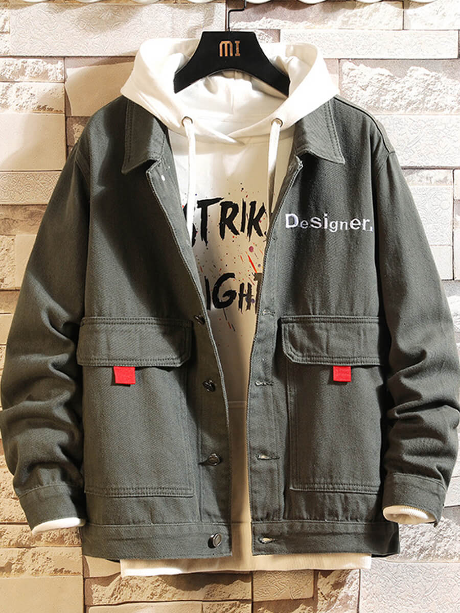 

Lovely Street Turndown Collar Letter Print Army Green Men Denim Jacket
