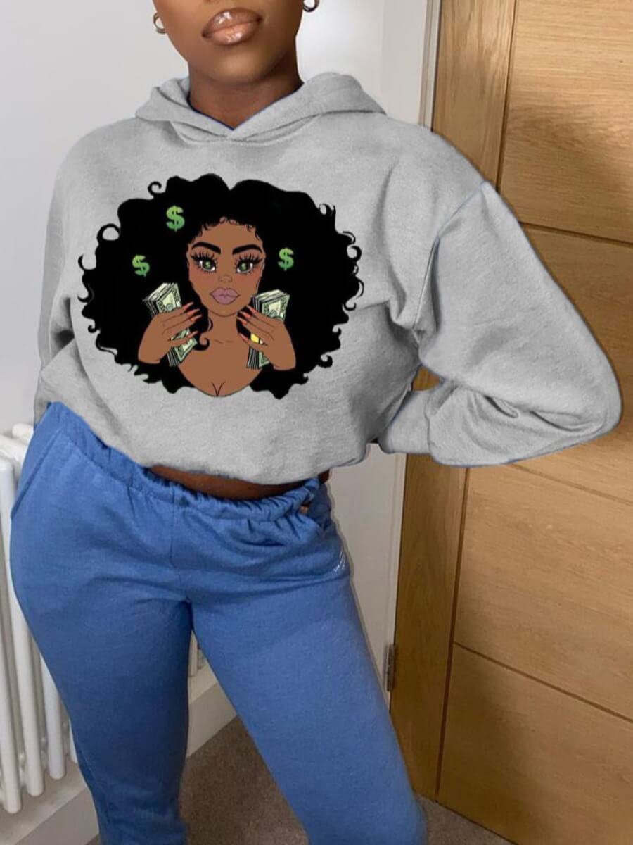 

Lovely Casual Hooded Collar Print Grey Hoodie