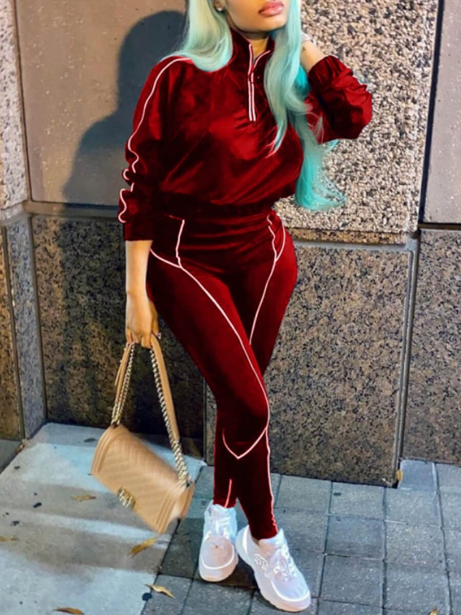 

Lovely Sportswear Turndown Collar Patchwork Wine Red Two Piece Pants Set