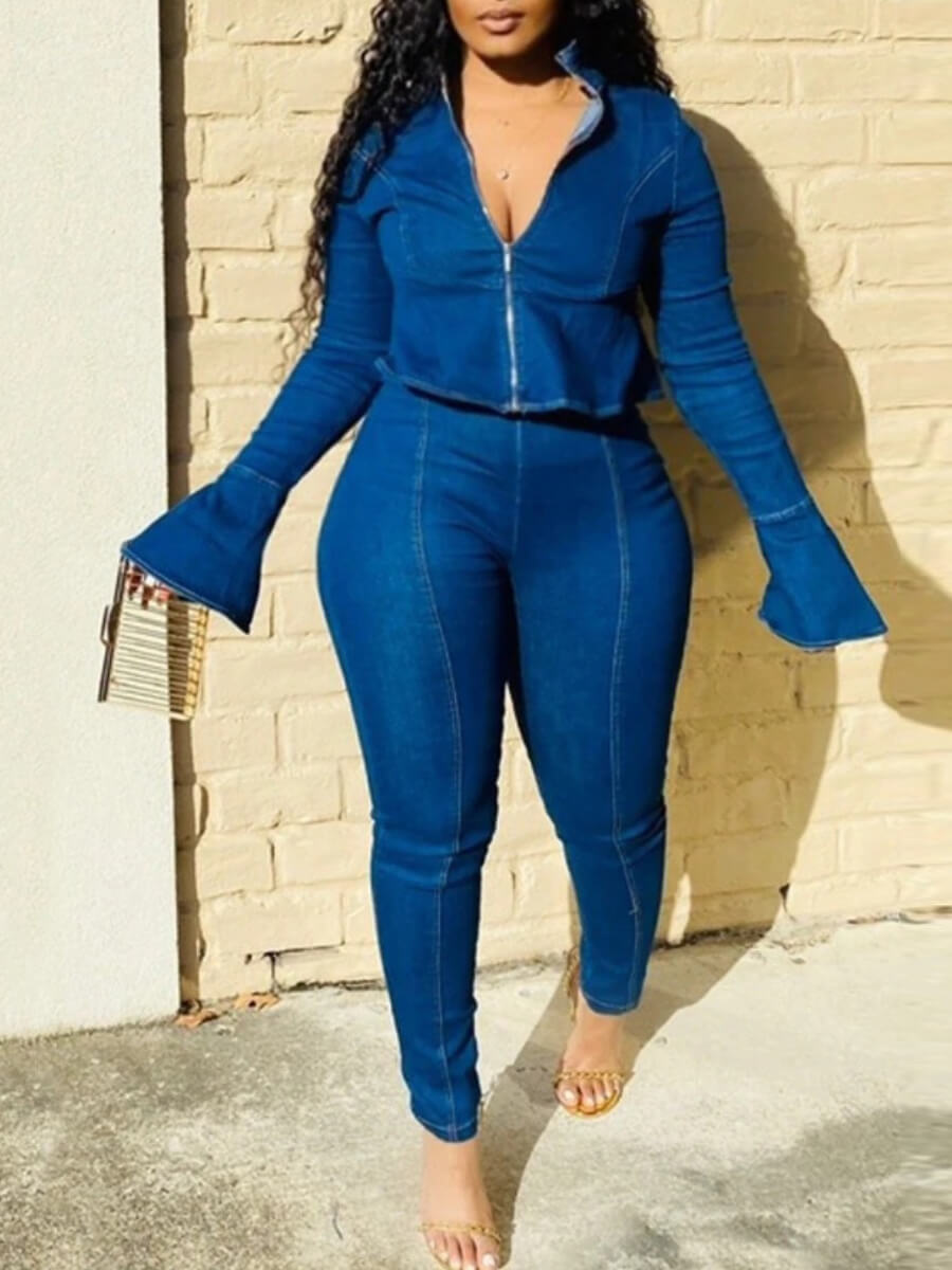 

Lovely Trendy Mandarin Collar Zipper Design Deep Blue Denim Jacket