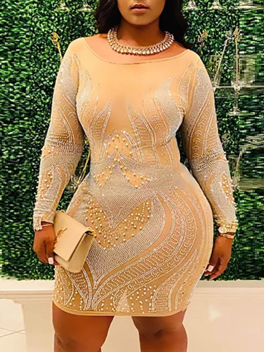 

Lovely Trendy Rivet Deocorative Patchwork Apricot Knee Length Plus Size Dress, Khaki