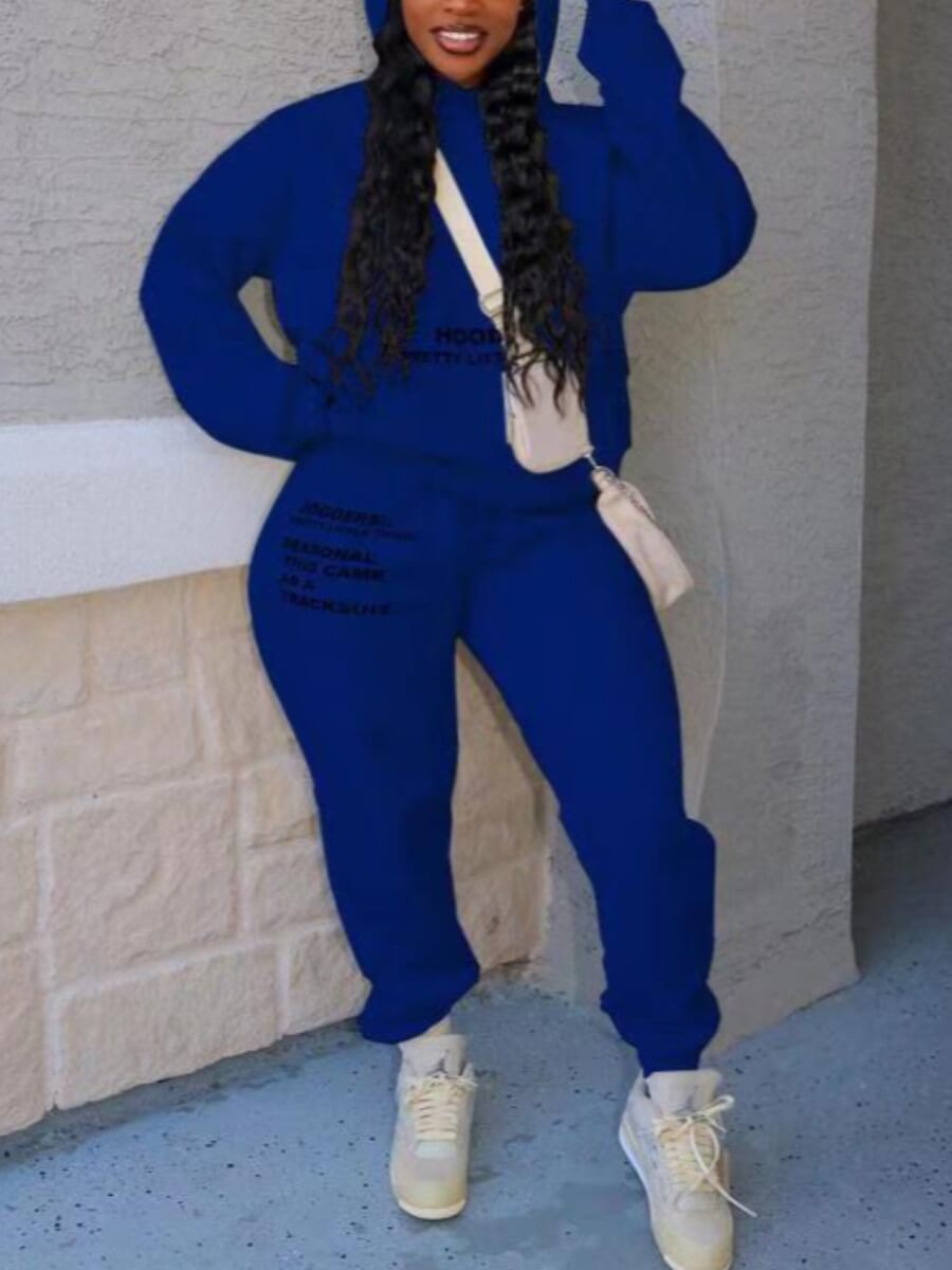 

Lovely Casual Hooded Collar Letter Print Deep Blue Two Piece Pants Set