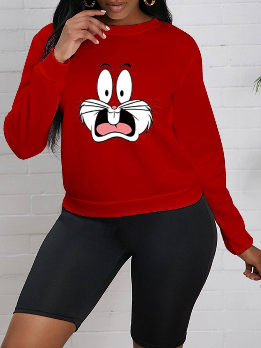 

Lovely Casual O Neck Cartoon Rabbit Print Red Hoodie