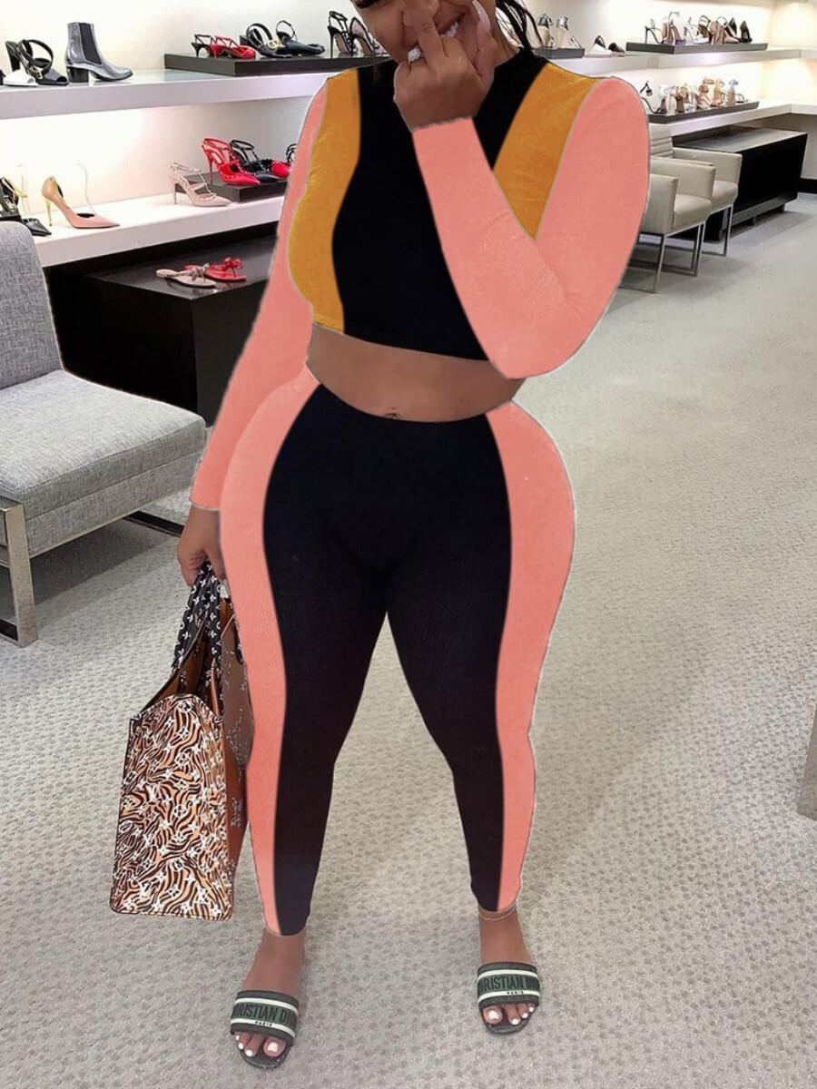 

Lovely Sportswear Color-lump Stitching Pink Two Piece Pants Set