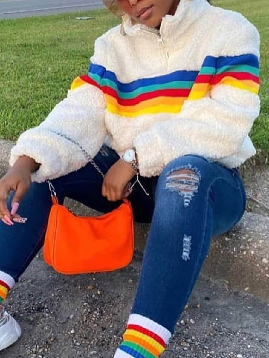 

Lovely Casual Zipper Striped Patchwork White Hoodie