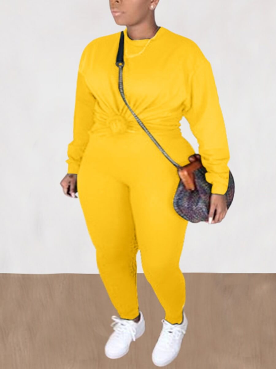 

Lovely Casual O Neck Long Sleeve Yellow Plus Size Two-piece Pants Set