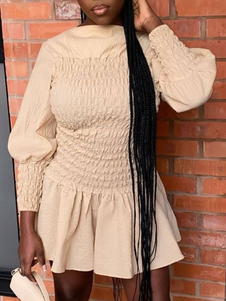 

Lovely Sweet Puffed Sleeve Ruffle Design Apricot Mini Dress
