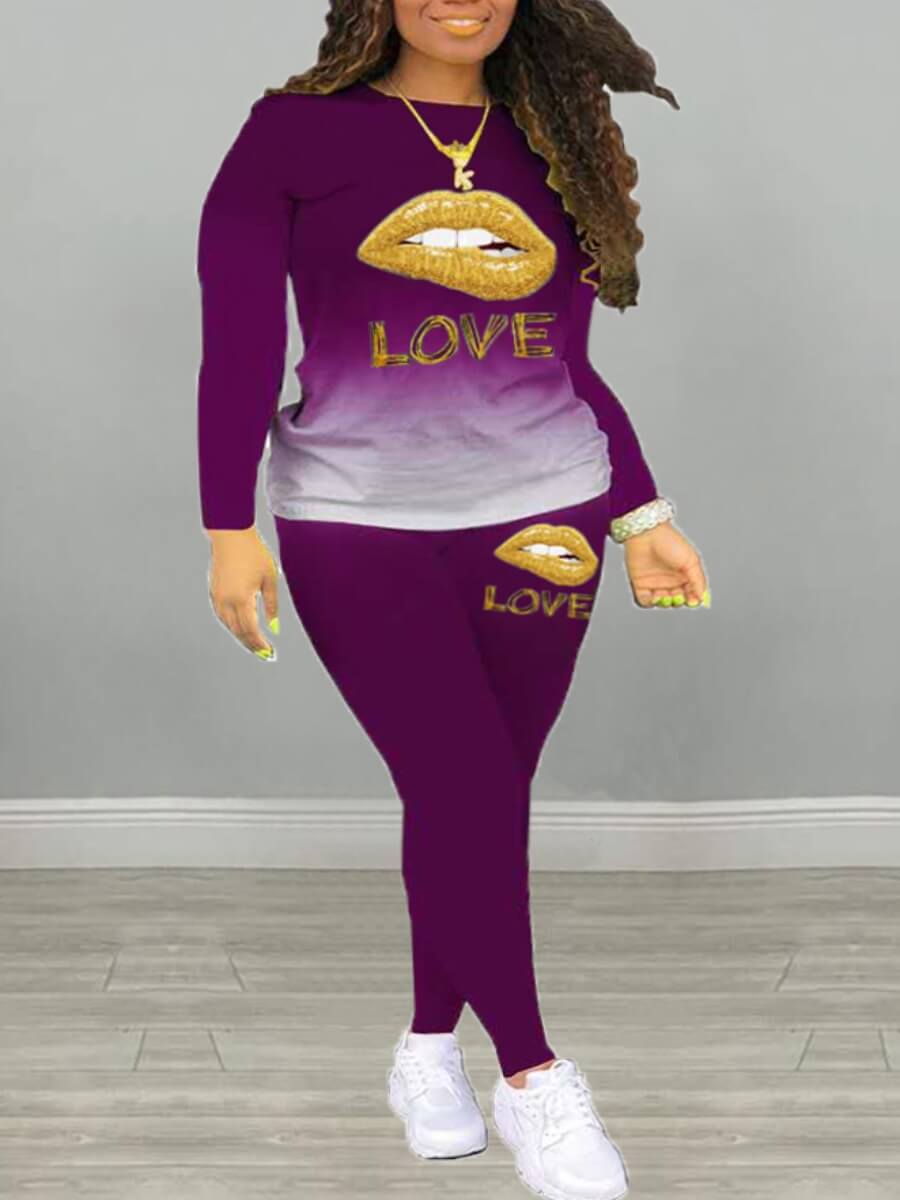 LovelyWholesale Gradient Lip Letter Print Pants Set Fall Long Sleeve Street Round Neck Spring Summer 2024