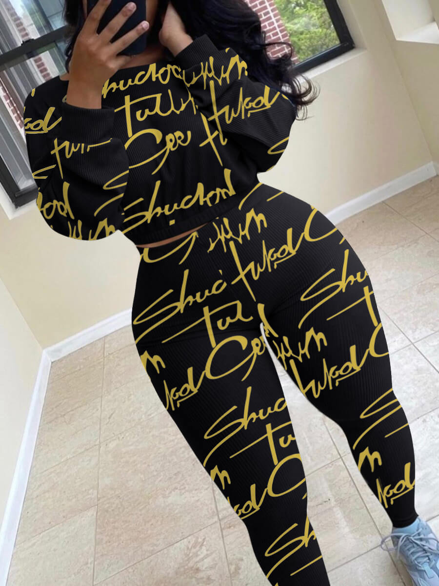 

Lovely Casual Letter Print Black Plus Size Two-piece Pants Set