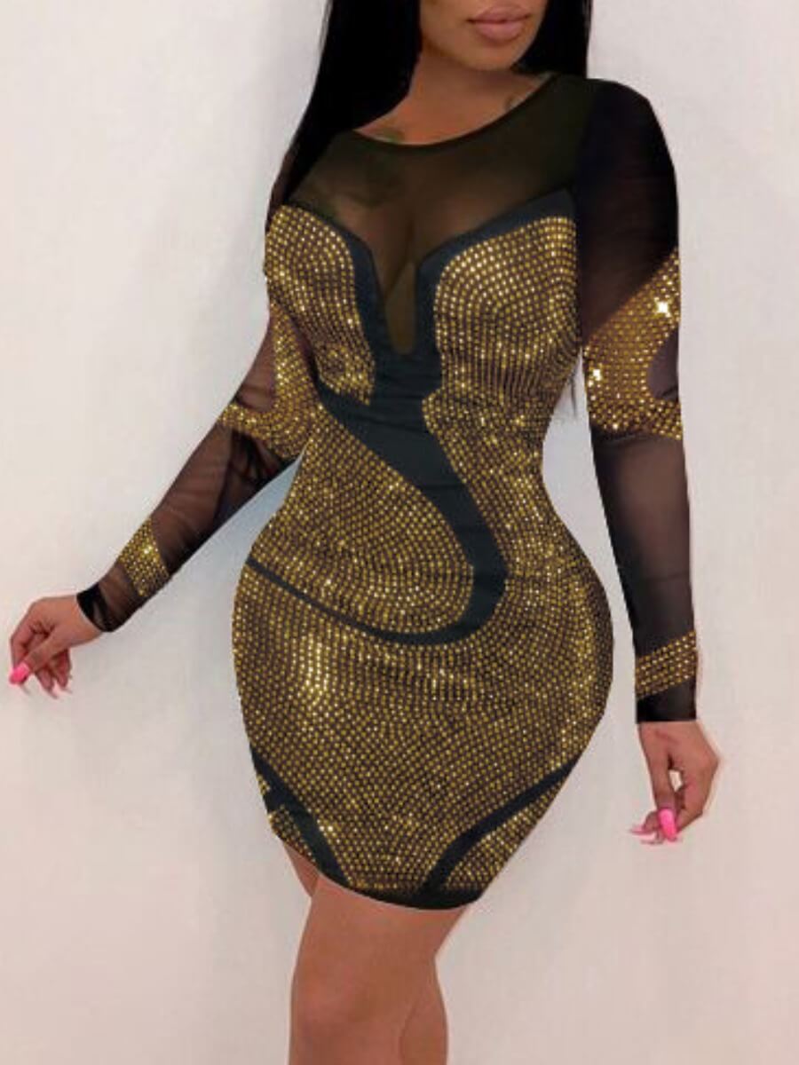 

Lovely Stylish O Neck Hot Drilling Decorative Patchwork Gold Mini Dress