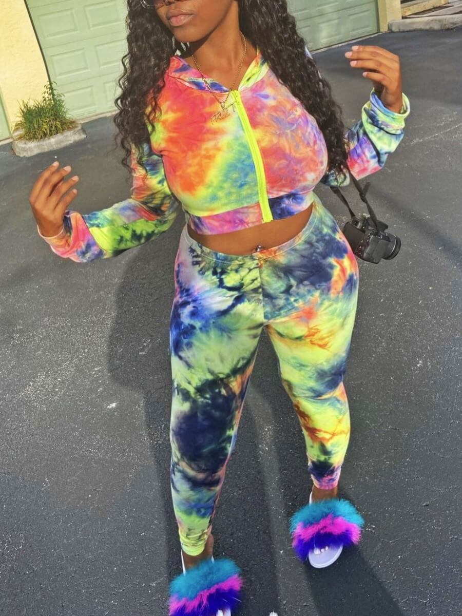 

Lovely Casual Zipper Tie Dye Print Jacinth Two Piece Pants Set