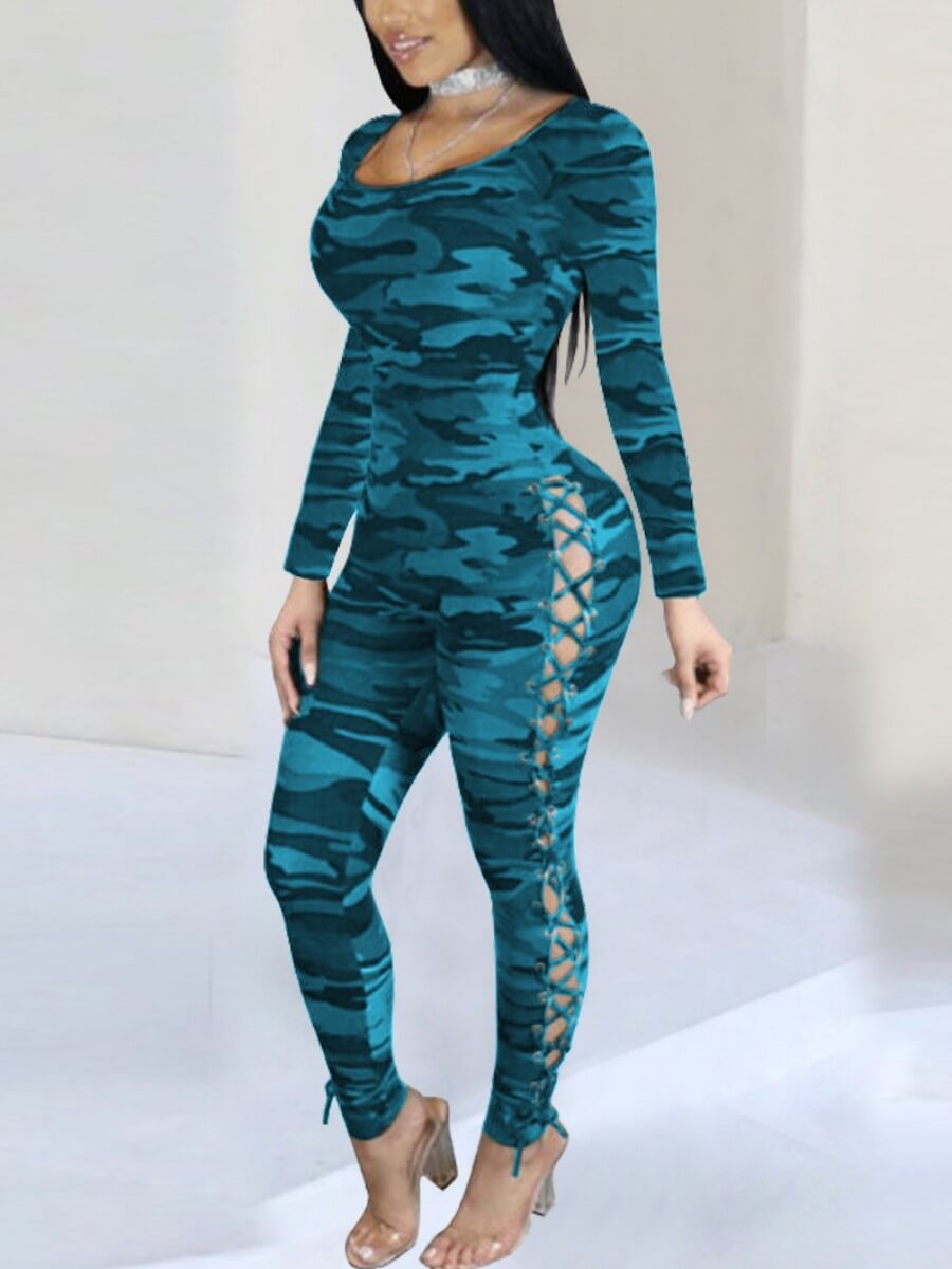 

Lovely Street Camo Print Hollow-out Blue One-piece Jumpsuit