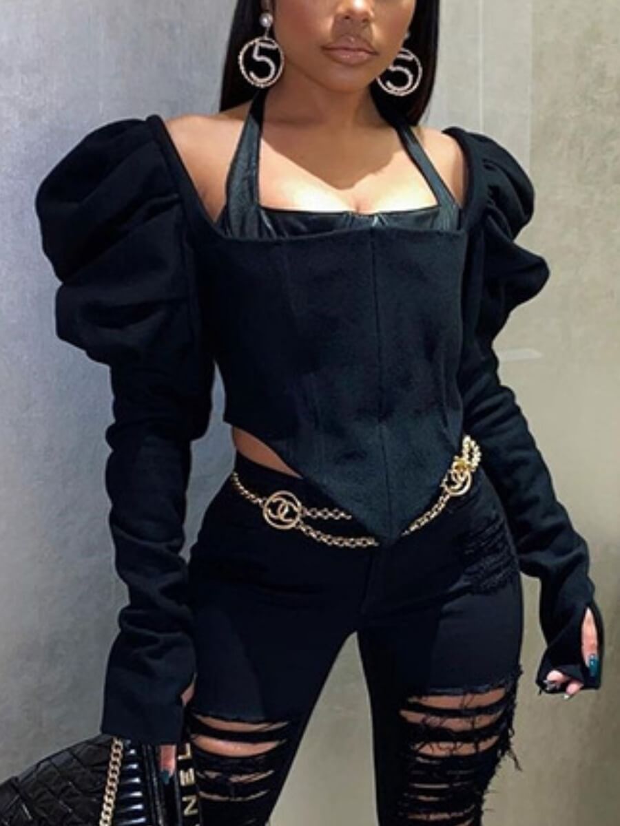 

Lovely Street Hubble-bubble Sleeve Asymmetrical Black Blouses