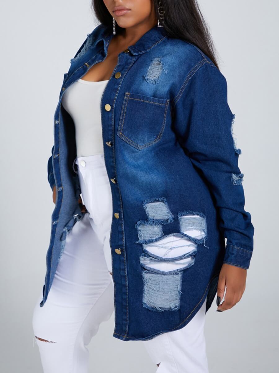 

LW Plus Size Street Turndown Collar Broken Holes Deep Blue Denim Jacket