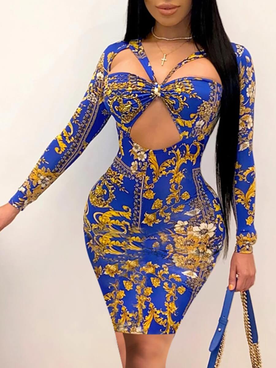 

Lovely Sexy Floral Print Hollow-out Blue Knee Length Dress