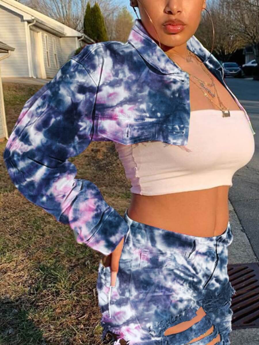 

Lovely Street Turndown Collar Tie-dye Deep Blue Short Denim Jacket