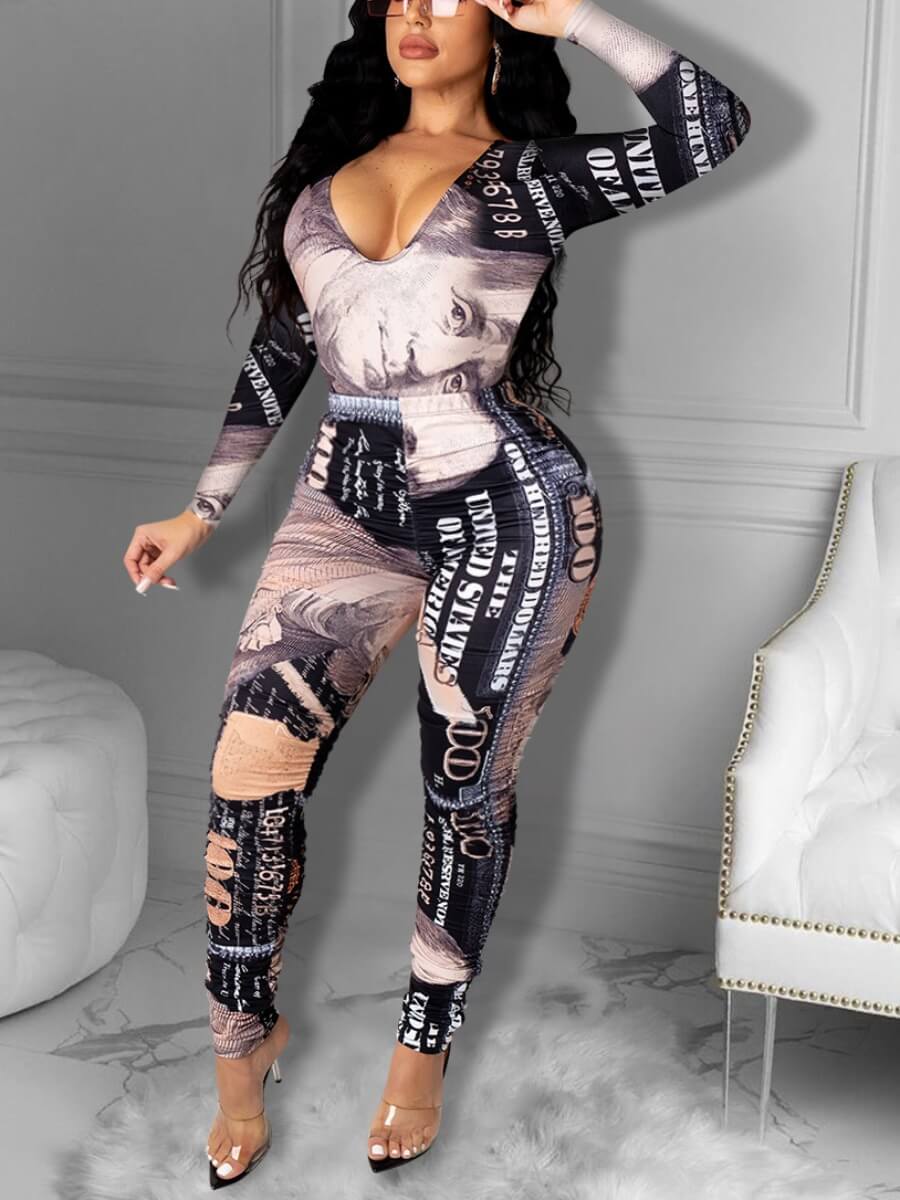 

Lovely Street V Neck Print Black Plus Size Two-piece Pants Set