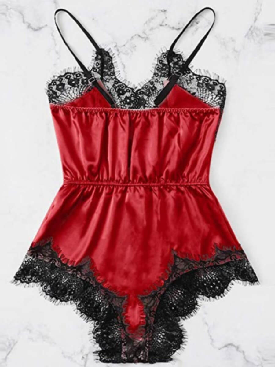 

Lovely Sexy Spaghetti Strap Lace Patchwork Red Sleepwear