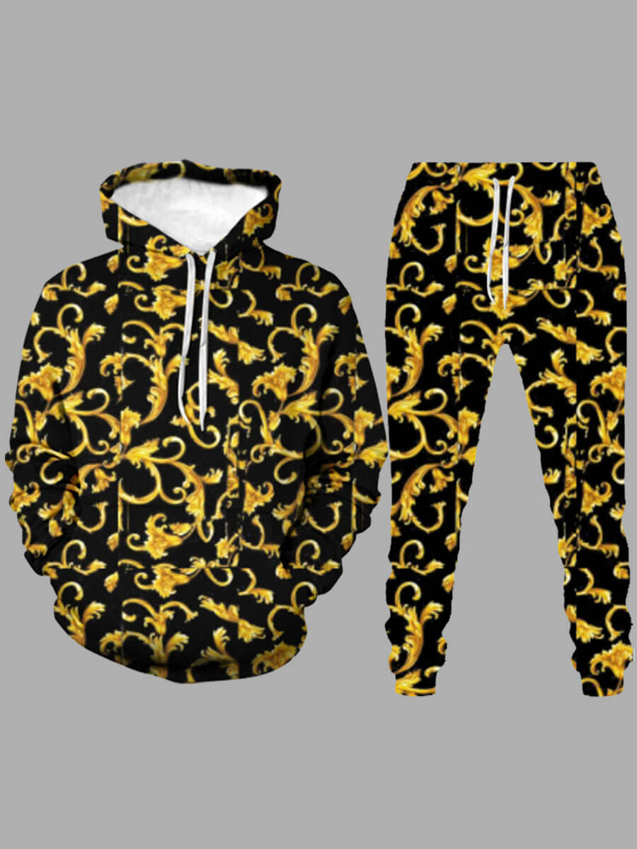 

Lovely Street Hooded Collar Print Gold Men Two-piece Pants Set