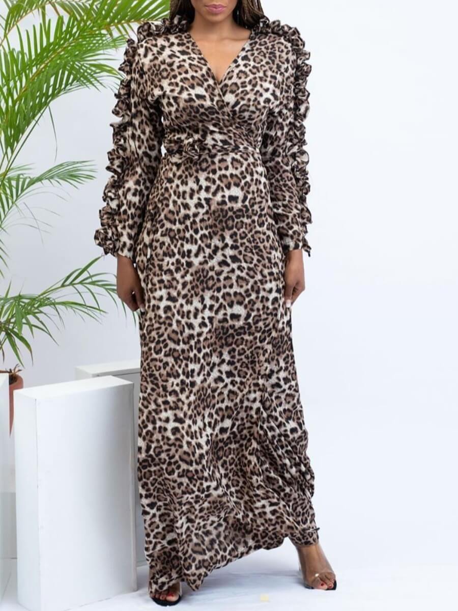 

Lovely Sweet Leopard Print Flounce Design Brown Floor Length A Line Dress