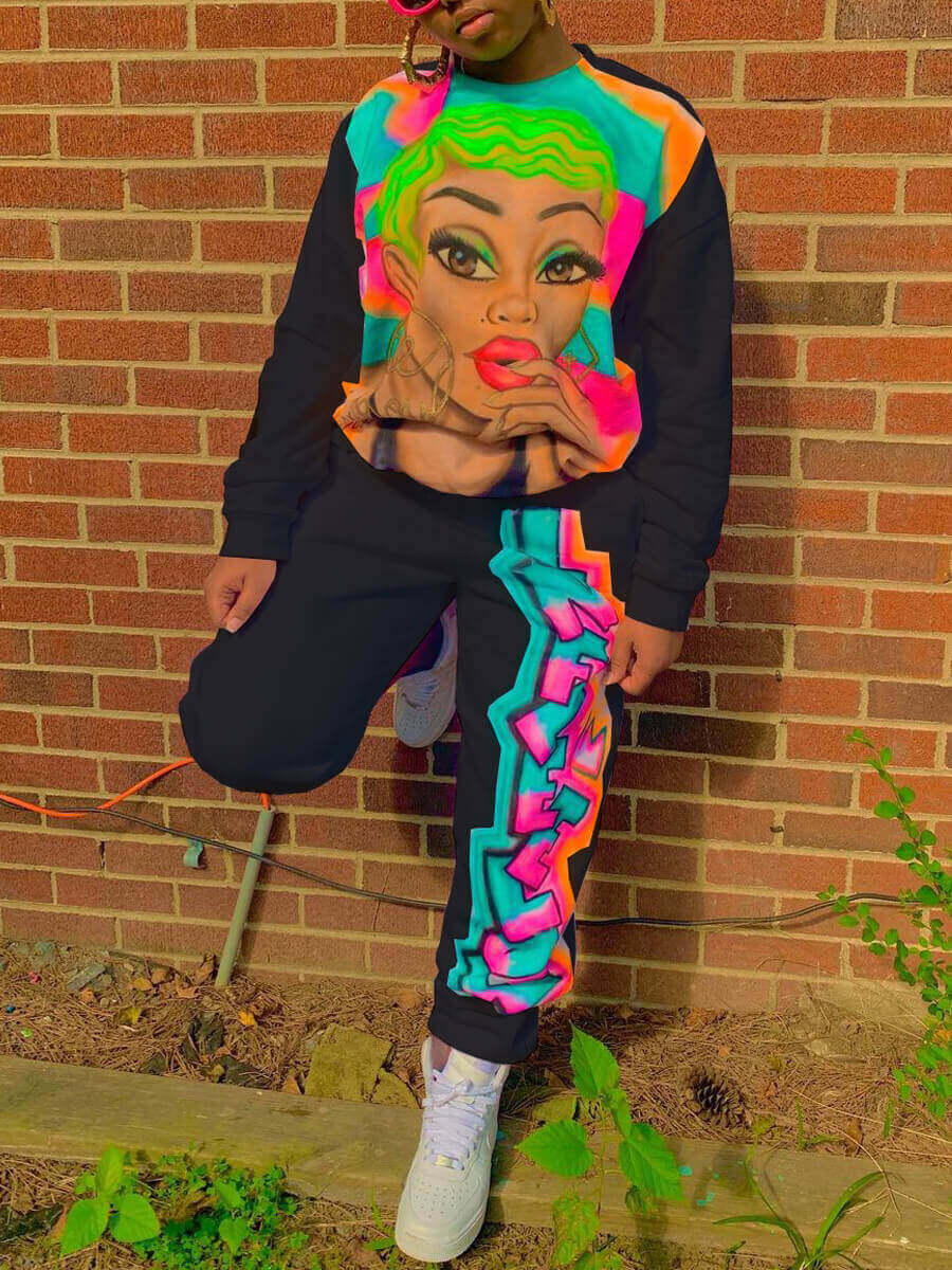 

Lovely Street Dropped Shoulder Graffiti Print Black Two Piece Pants Set