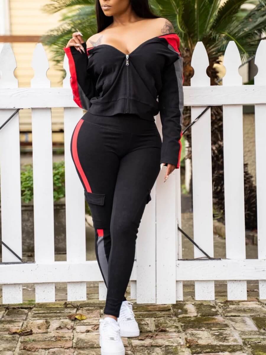 

Lovely Sportswear Striped Patchwork Side Pocket Red Two Piece Pants Set