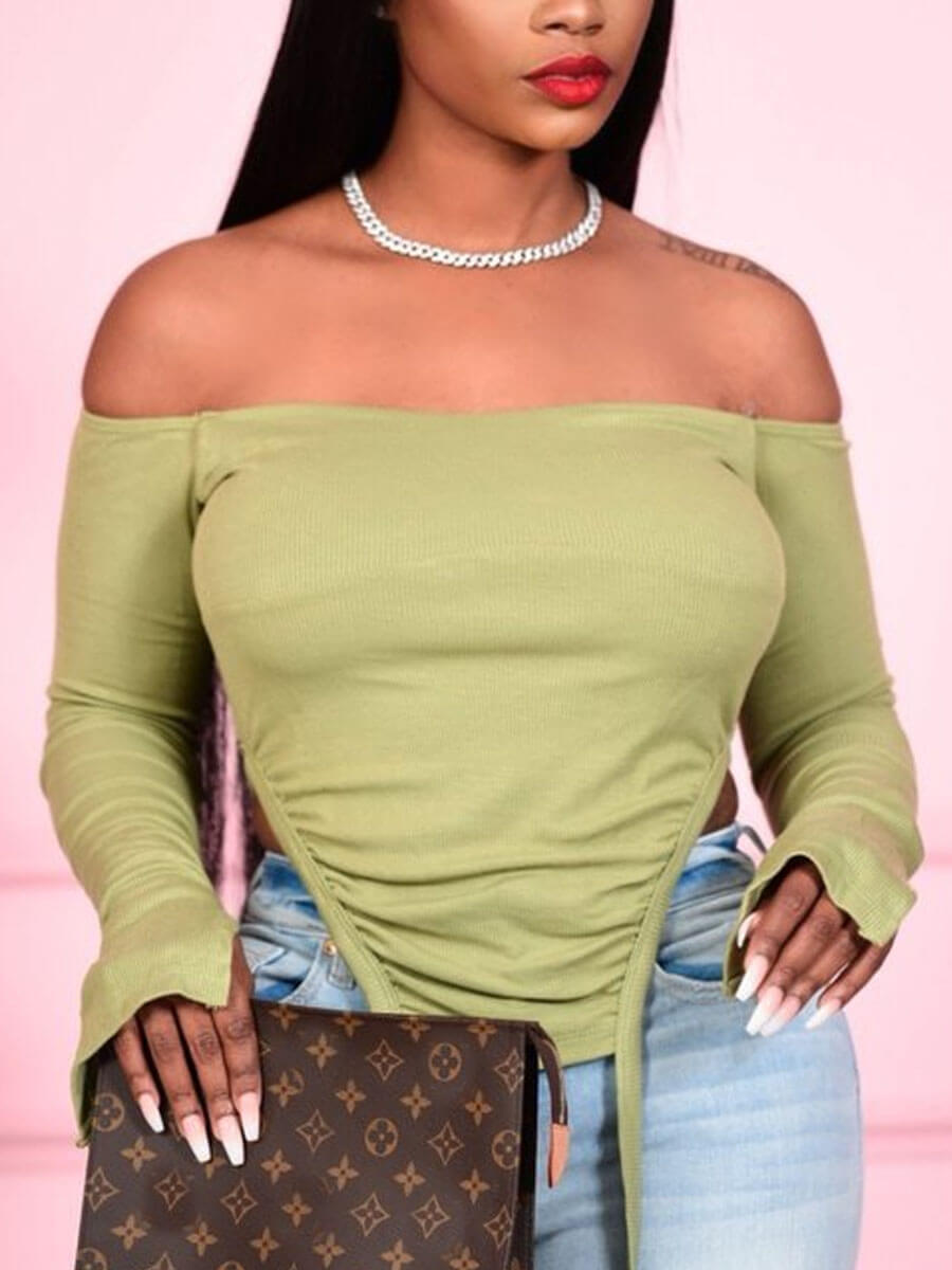 

Lovely Street Off The Shoulder Asymmetrical Army Green T-shirt