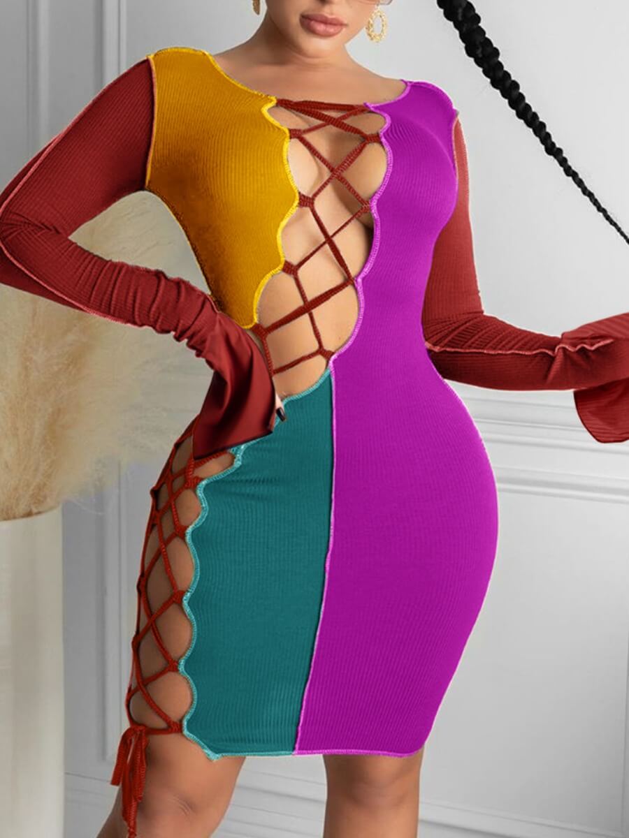 

Lovely Sexy Bandage Hollow-out Design Patchwork Yellow Knee Length Dress