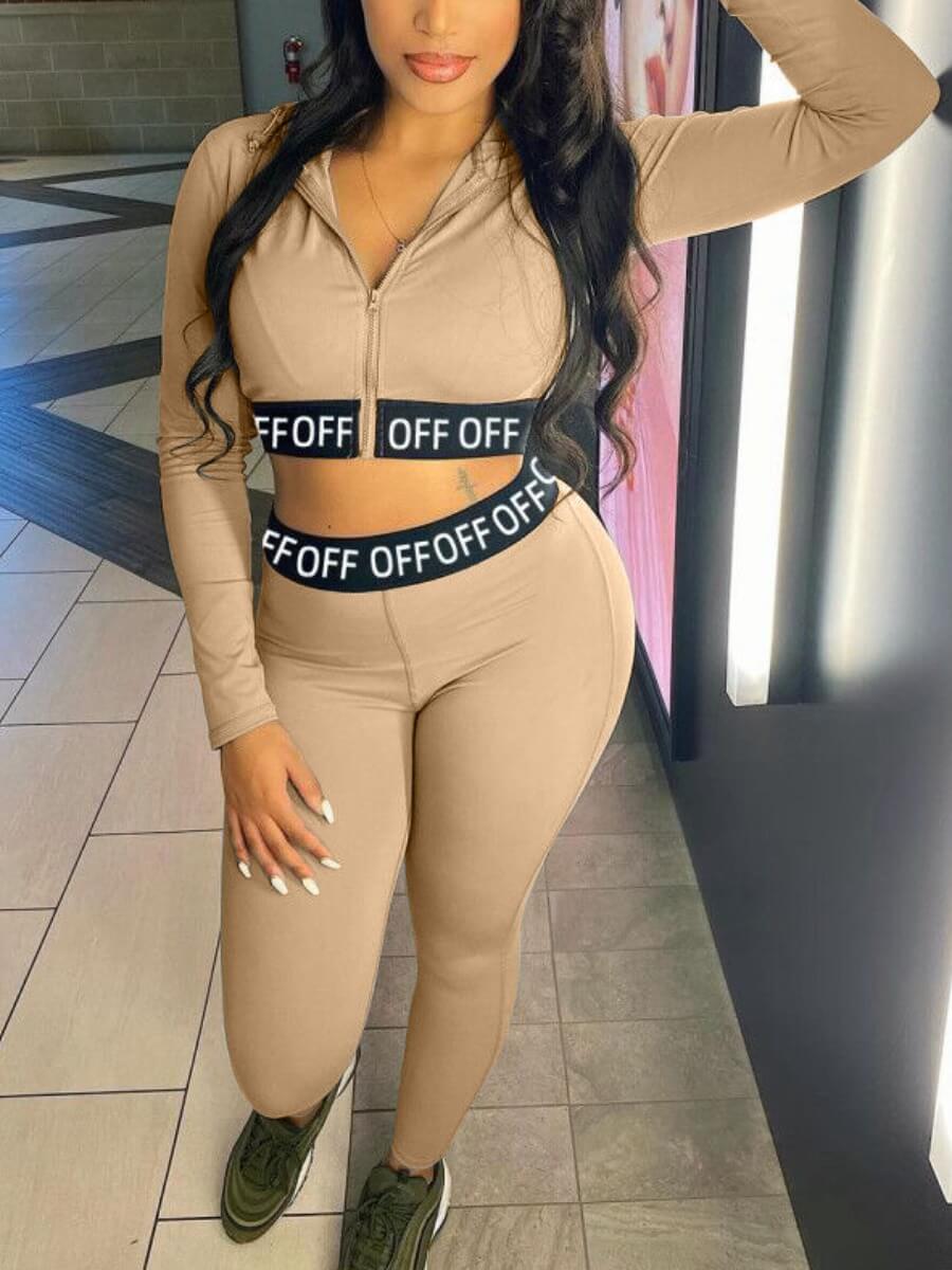 

Lovely Sportswear Letter Print Patchwork Light Tan Two Piece Pants Set