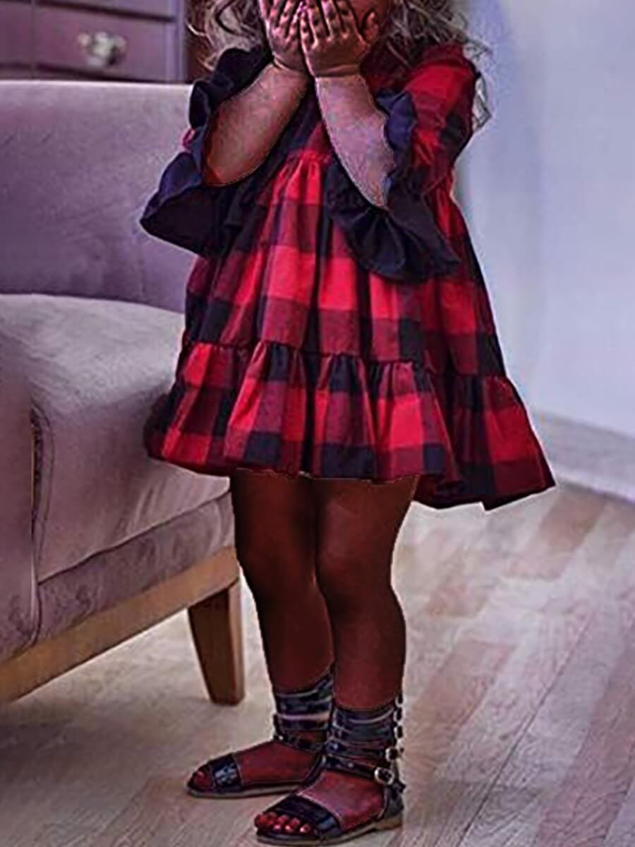 

Lovely Trendy O Neck Grid Print Red Girl Knee Length Dress