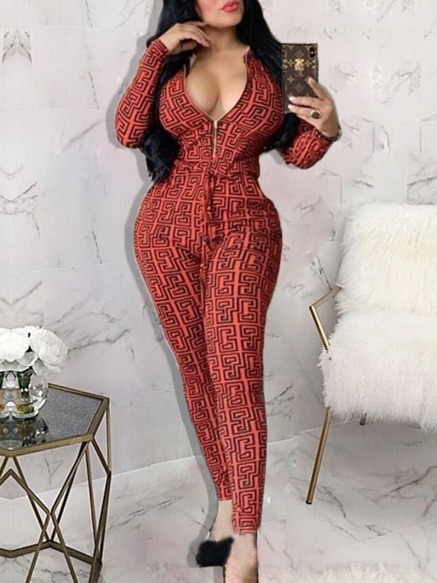 

Lovely Trendy Geometric Print Knot Design Red One-piece Jumpsuit