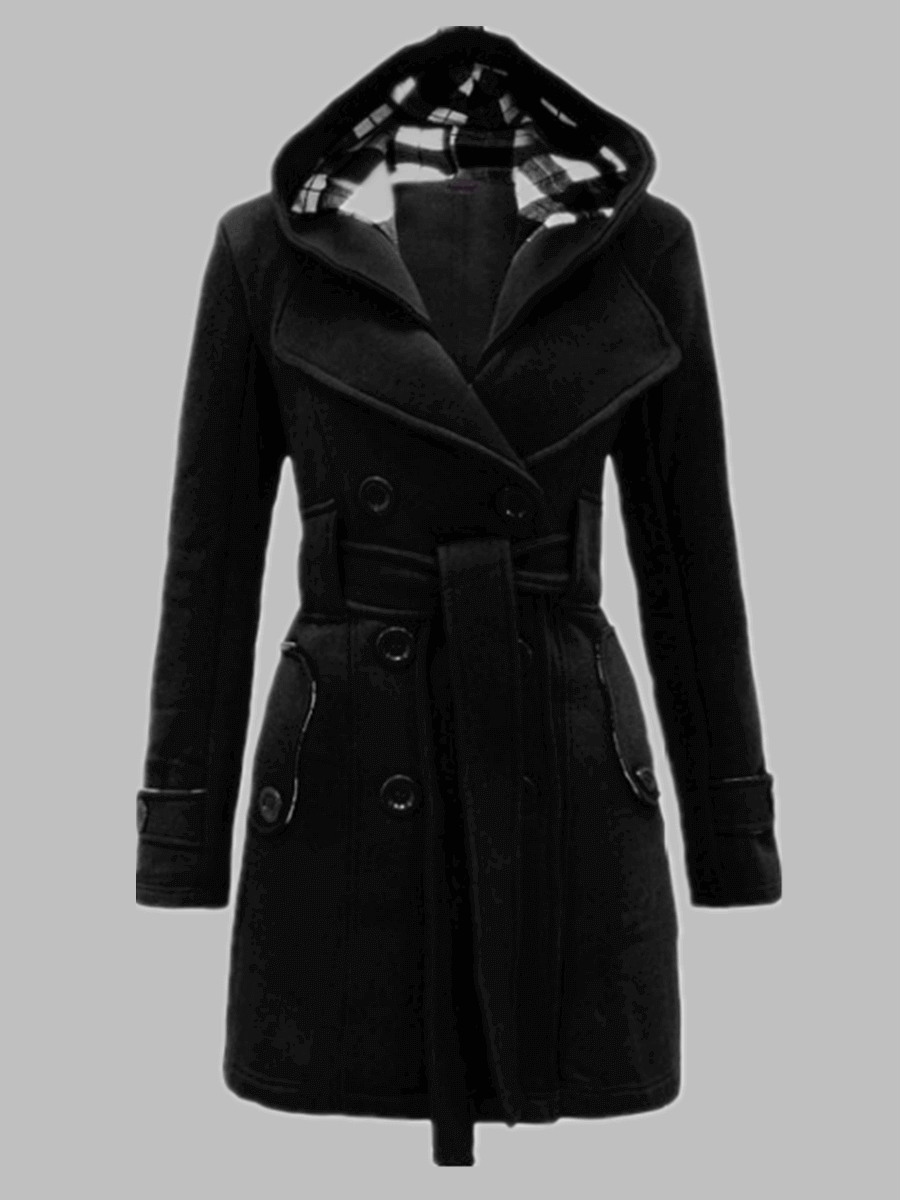 

Lovely Casual Hooded Collar Knot Design Black Trench Coat