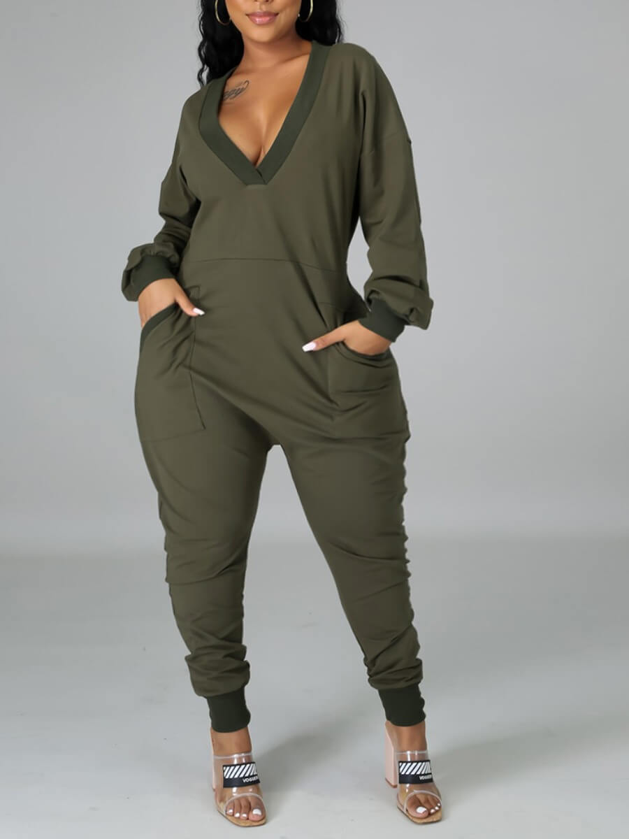 

LW Plus Size Casual V Neck Pocket Design Green One-piece Jumpsuit