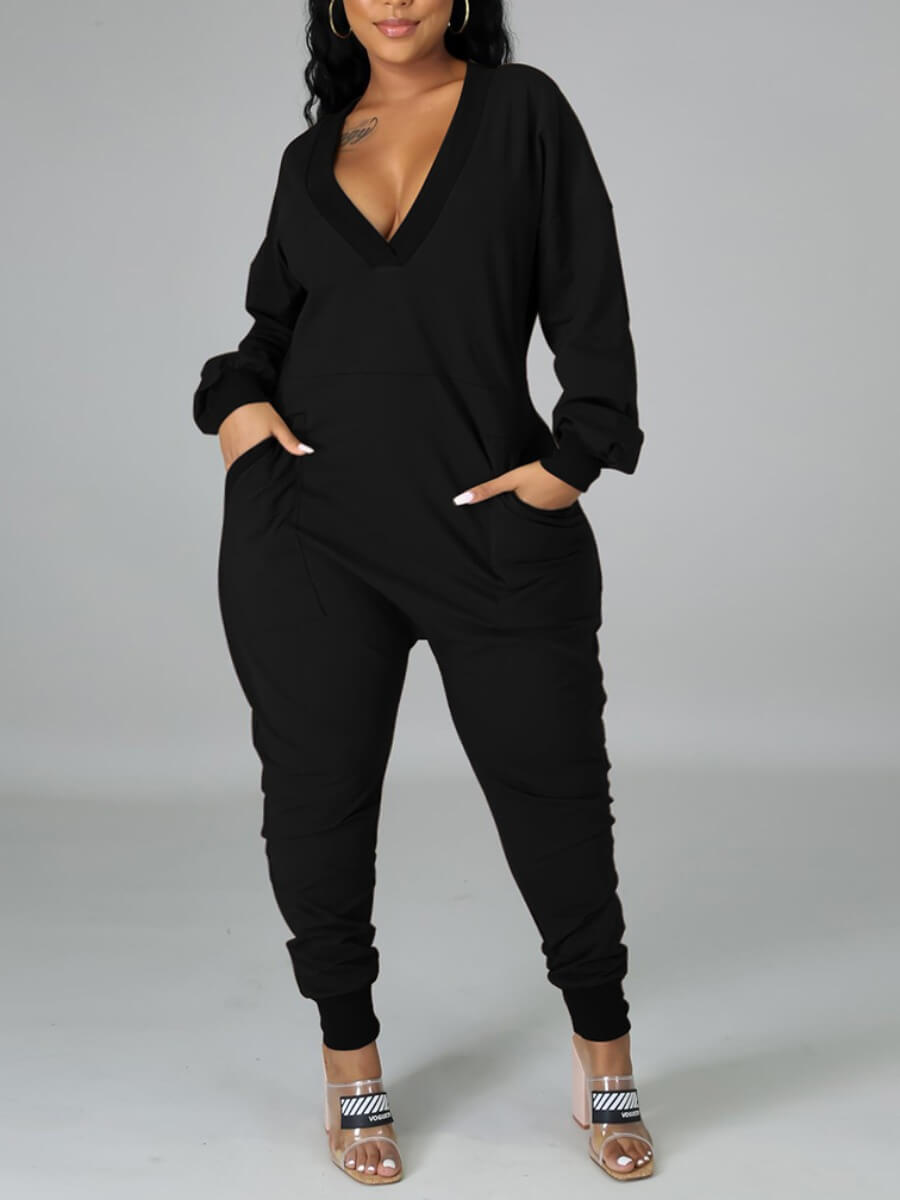 Lovely Plus Size Casual V Neck Pocket Design Black One Piece Jumpsuit