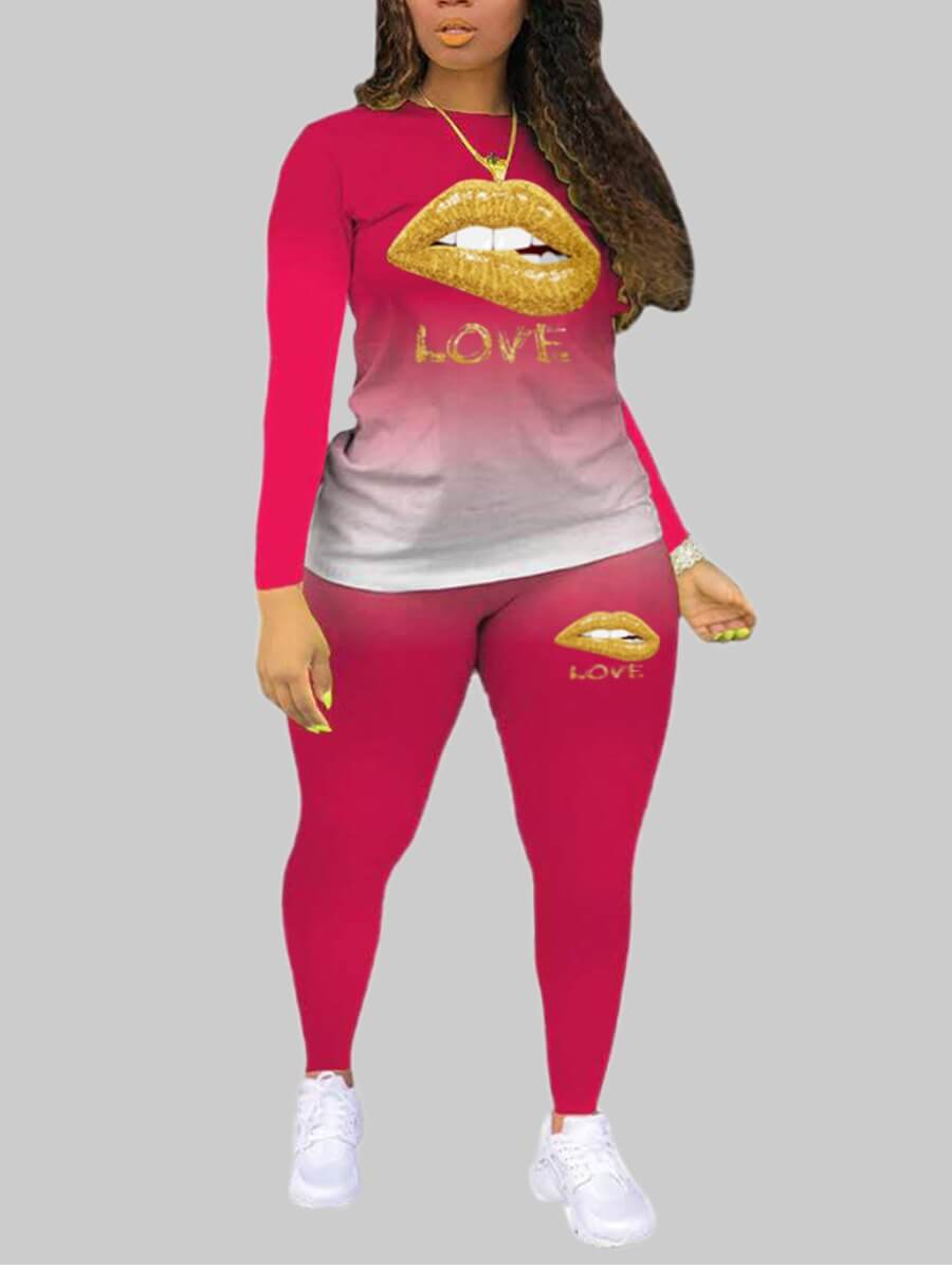 

Lovely Casual Lip Print Rose Red Plus Size Two-piece Pants Set