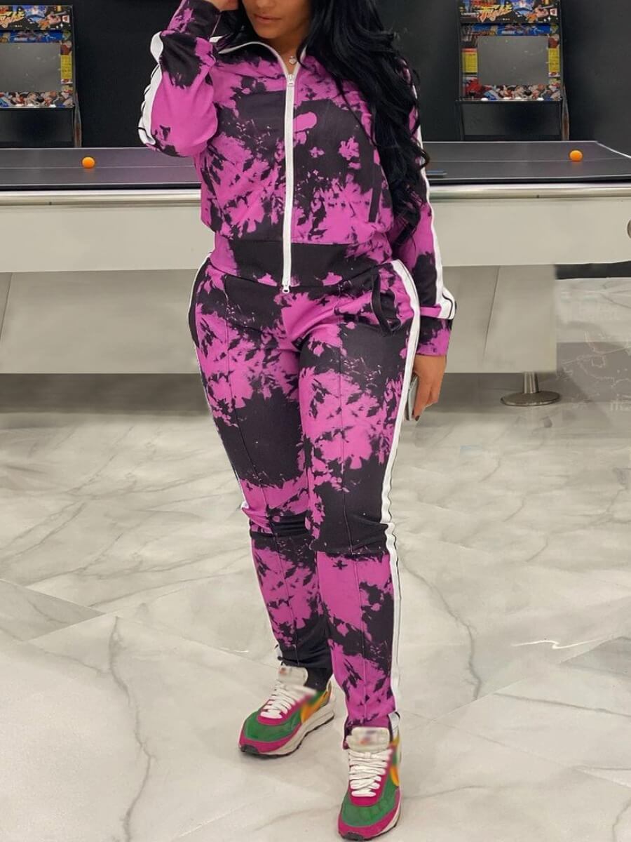 

Lovely Sportswear Print Patchwork Purple Two Piece Pants Set