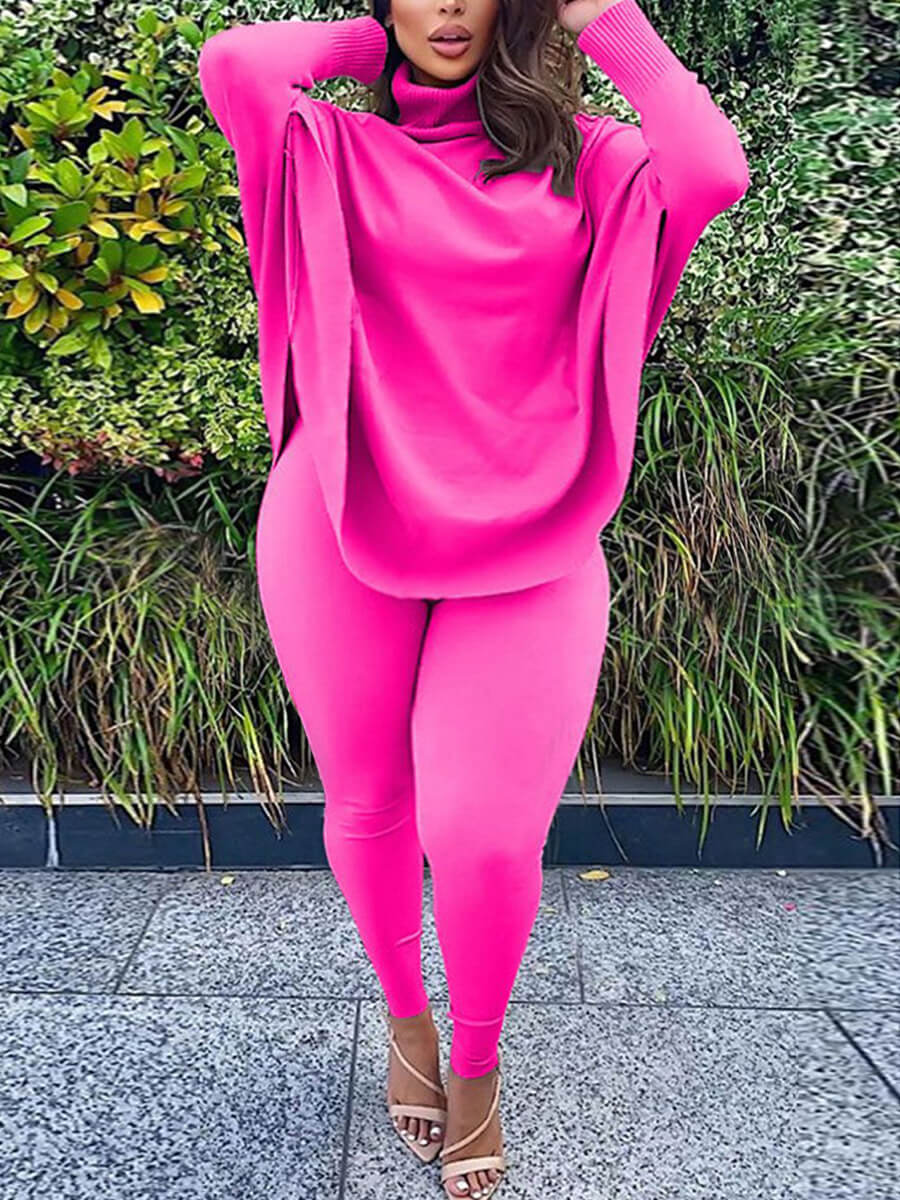 

LW Plus Size Casual Turtleneck Loose Rose Red Two-piece Pants Set