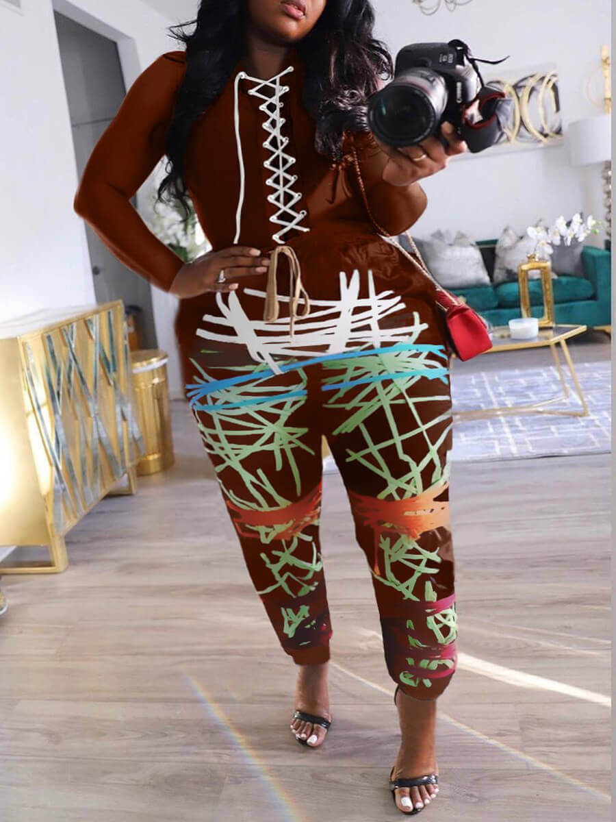 

Lovely Street Print Lace-up Brown Plus Size Two-piece Pants Set