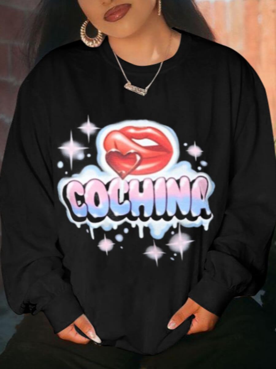

Lovely Casual O Neck Lip Print Loose Black Hoodie