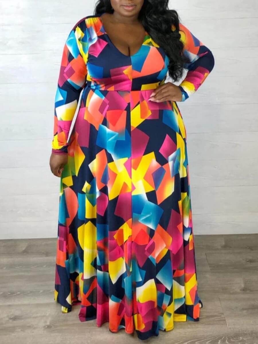 

Lovely Trendy Deep V Neck Print Multicolor Maxi Plus Size Dress, Multi