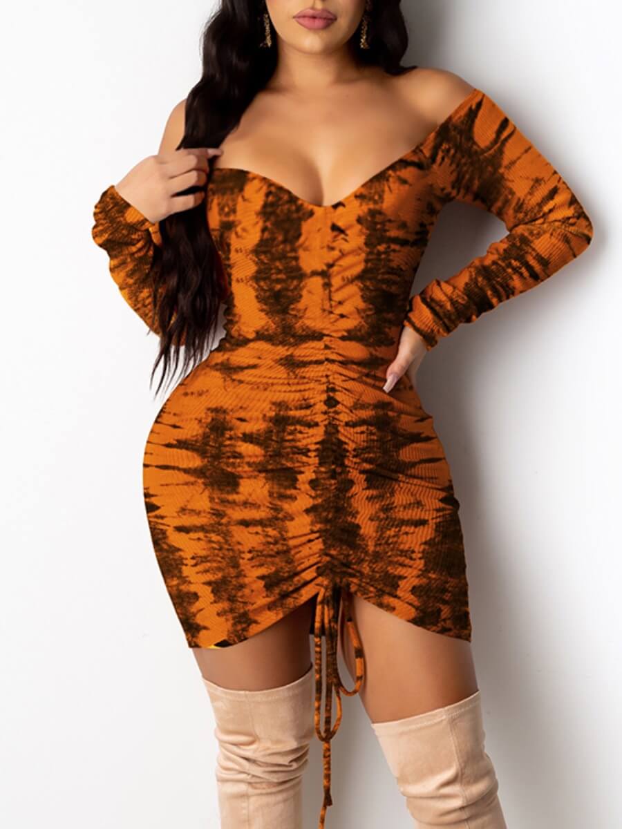 

Lovely Party Off The Shoulder Drawstring Brown Mini Dress