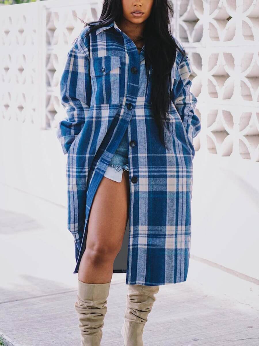 

Lovely Casual Turndown Collar Grid Print Blue Coat